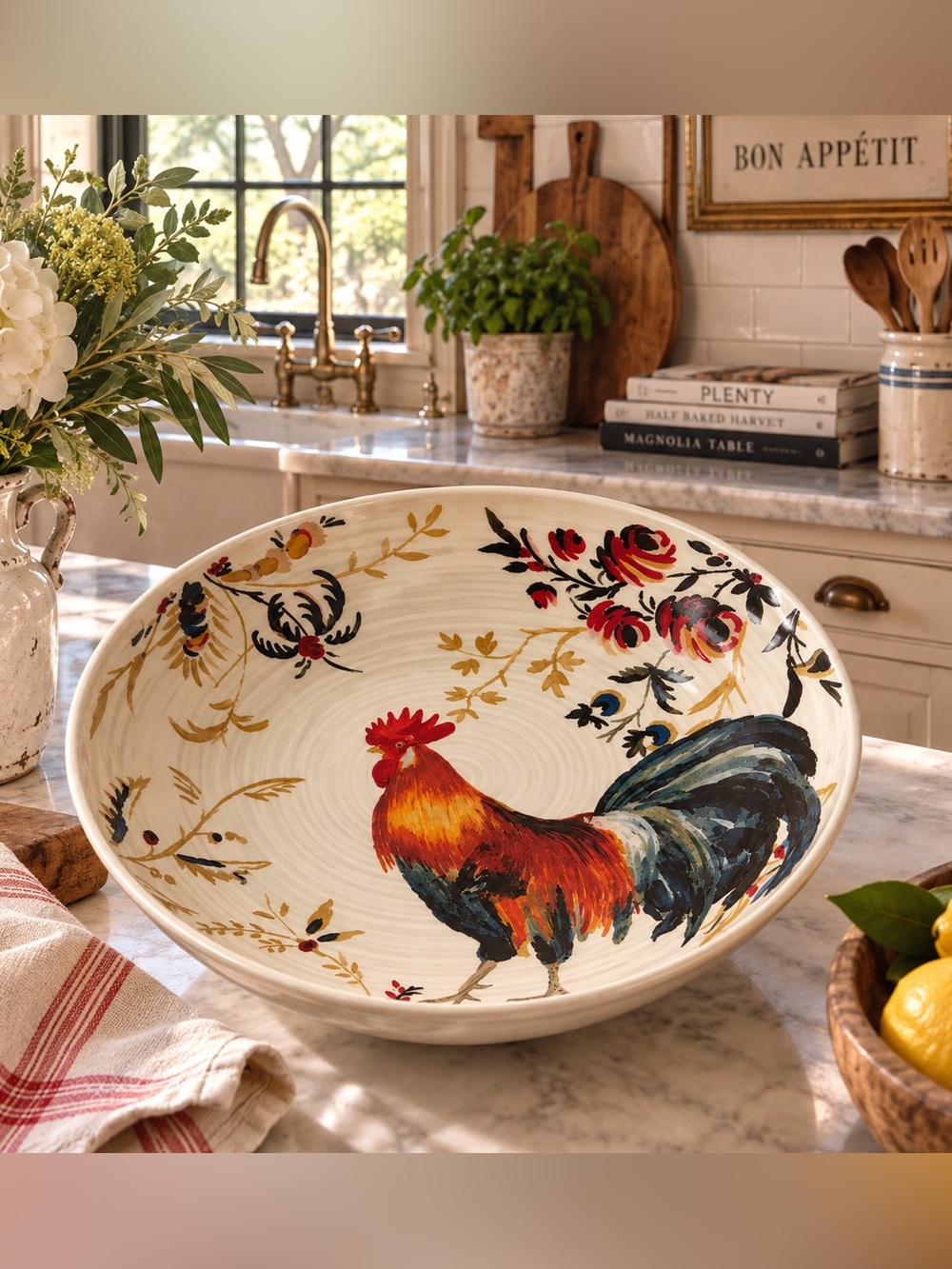 Vintage Williams Sonoma Rooster Francais Colorful Rooster Decorative Large Bowl
